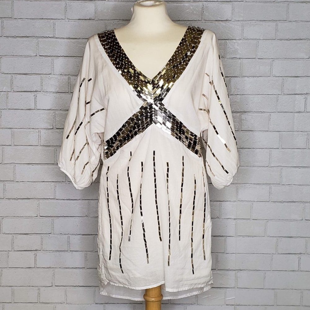 Sheri Bodell White Peasant Dress Silver Metallic